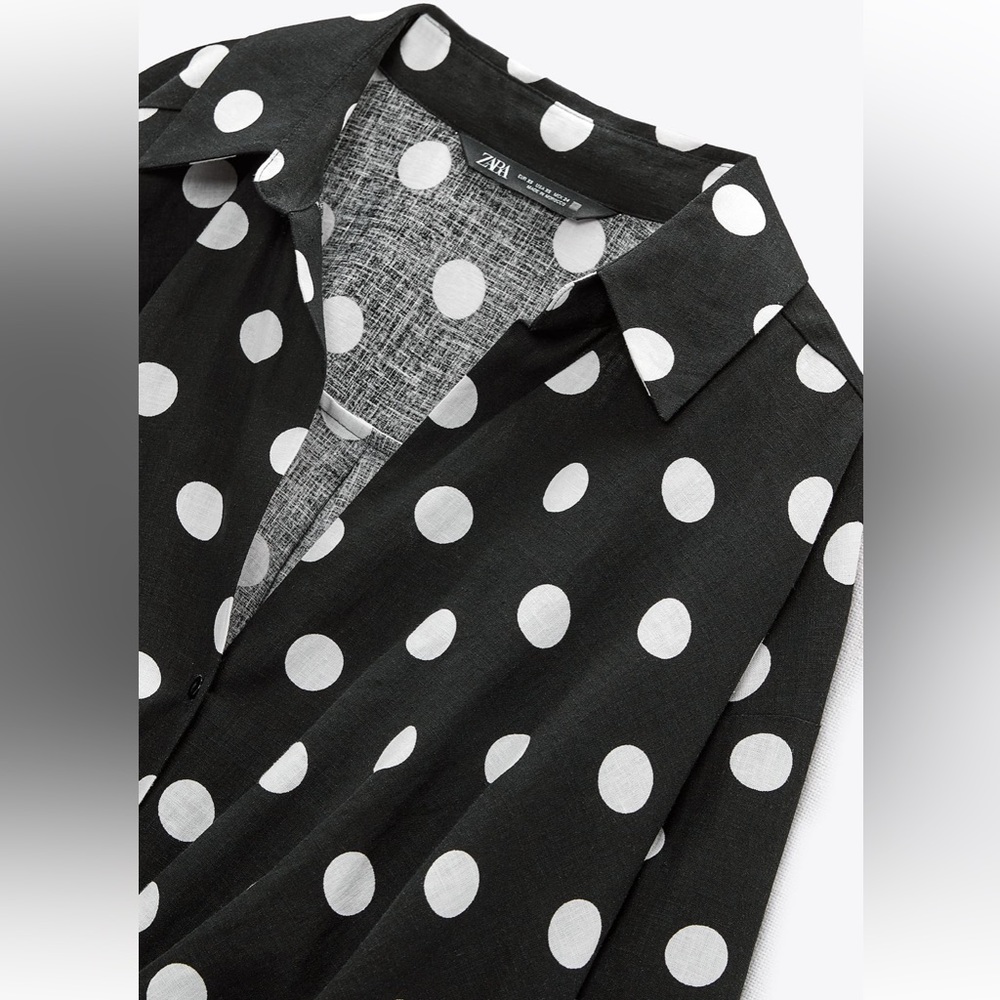 Zara NWT linen black & white polka dot knot front button front long sleeve shirt - Picture 9 of 10